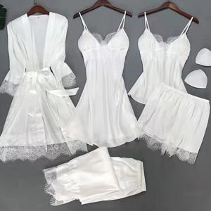 화이트 5PCS 수면 세트 잠옷 레이디 레이스 새틴 잠옷 기모노 목욕 가운 느슨한 잠옷 홈 Cloting v 넥 캐주얼 Nightwear