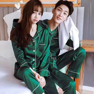 잠옷 커플 실크 새틴 솔리드 컬러 잠옷 세트 긴 버튼 다운 Pijama 플러스 사이즈 홈 의류 잠옷 여성 남성 Loungewear