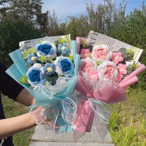 완성된 니트 꽃 해바라기 크로셰 꽃다발 크리에이티브 니트 꽃 발렌타인 어머니의 날 생일 졸업 선물