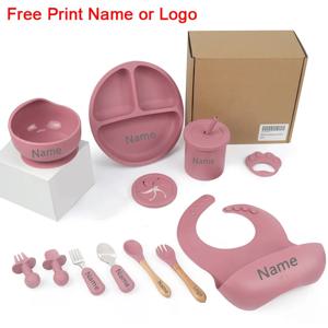 아기를위한 11Pcs 실리콘 먹이 세트 맞춤 이름 어린이 식기 흡입 컵 접시 그릇 숟가락 먹이 컵 BPA 무료