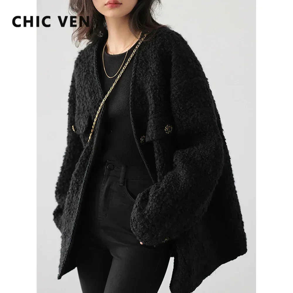 CHIC VEN 패션 여성 모직 코트 싱글 브레스트 빈티지 자켓 v 넥 오피스 레이디 오버 코트 여성 탑 봄 가을 2023