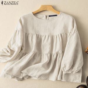 ZANZEA 여성용 빈티지 긴팔 셔츠, 캐주얼 코튼 블라우스, O-넥 단색 블라우스, 세련된 단추 커프스, 슈미즈 2023, 가을