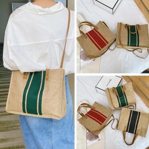 간단한 캔버스 스트라이프 장식 버킷 핸드백 여성 탑 핸들 토트 백 대용량 캐주얼 어깨 크로스 바디 백