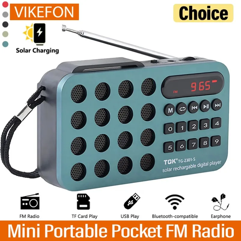 미니 휴대용 포켓 FM 라디오 태양열 충전 무선 스피커 지원 USB TF 카드 재생 FM 라디오 수신기와 블루투스 스피커