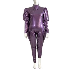 플러스 사이즈 긴 소매 Cospaly 점프 슈트 섹시한 지퍼 오픈 가랑이 PVC Shiny Catsuit Raves Party High Neck Wetlook Rompers 여성