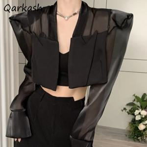 여성용 긴팔 자외선 차단 블레이저, 시스루 크롭 탑, Ins 패치워크 메쉬, 피트니스 통기성 패션, 한국 스타일 창의력