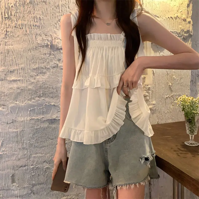 러플 셔츠 블라우스 한국 스타일 솔리드 패션 여성 블라우스 2025 스파게티 스트랩 탑 여성 여름 슬래시 넥 옷 신상