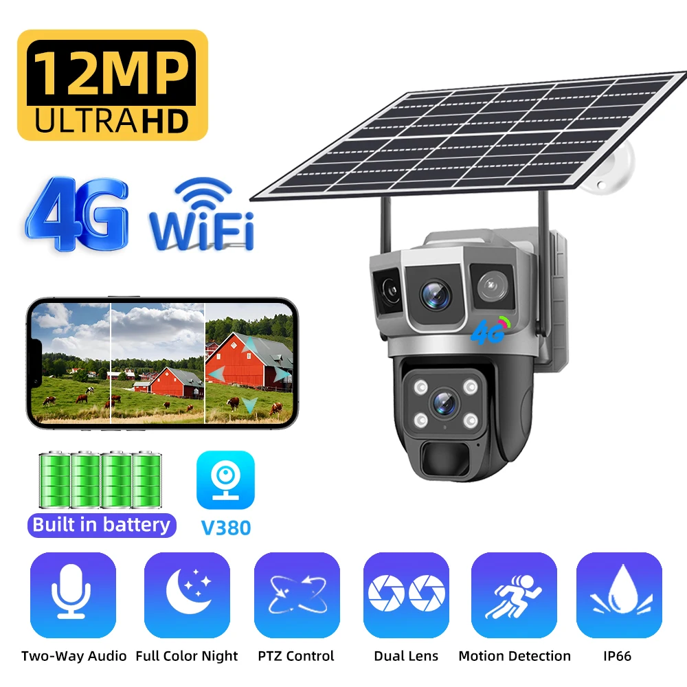 12MP 듀얼 렌즈 태양 4G WiFi 카메라 무선 배터리 저전력 IP Camara PIR 모션 감지 CCTV 비디오 감시 V380