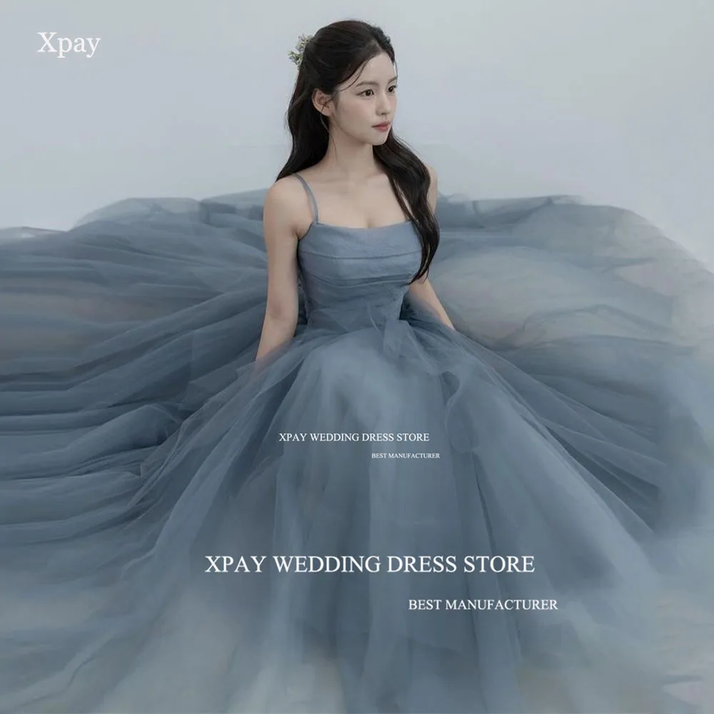 XPAY 더스티 블루 한국 라인 이브닝 드레스 사진 촬영 프릴 계층화 된 요정 Tulle 이브닝 가운 맞춤형 코르셋 댄스 파티 드레스
