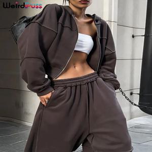 이상한 Puss 캐주얼 Tracksuit 여성 2 조각 세트 패널 줄무늬 스포티 한 간단한 Hipster 후드 지퍼 자켓 + 와이드 바지 매칭 슈트