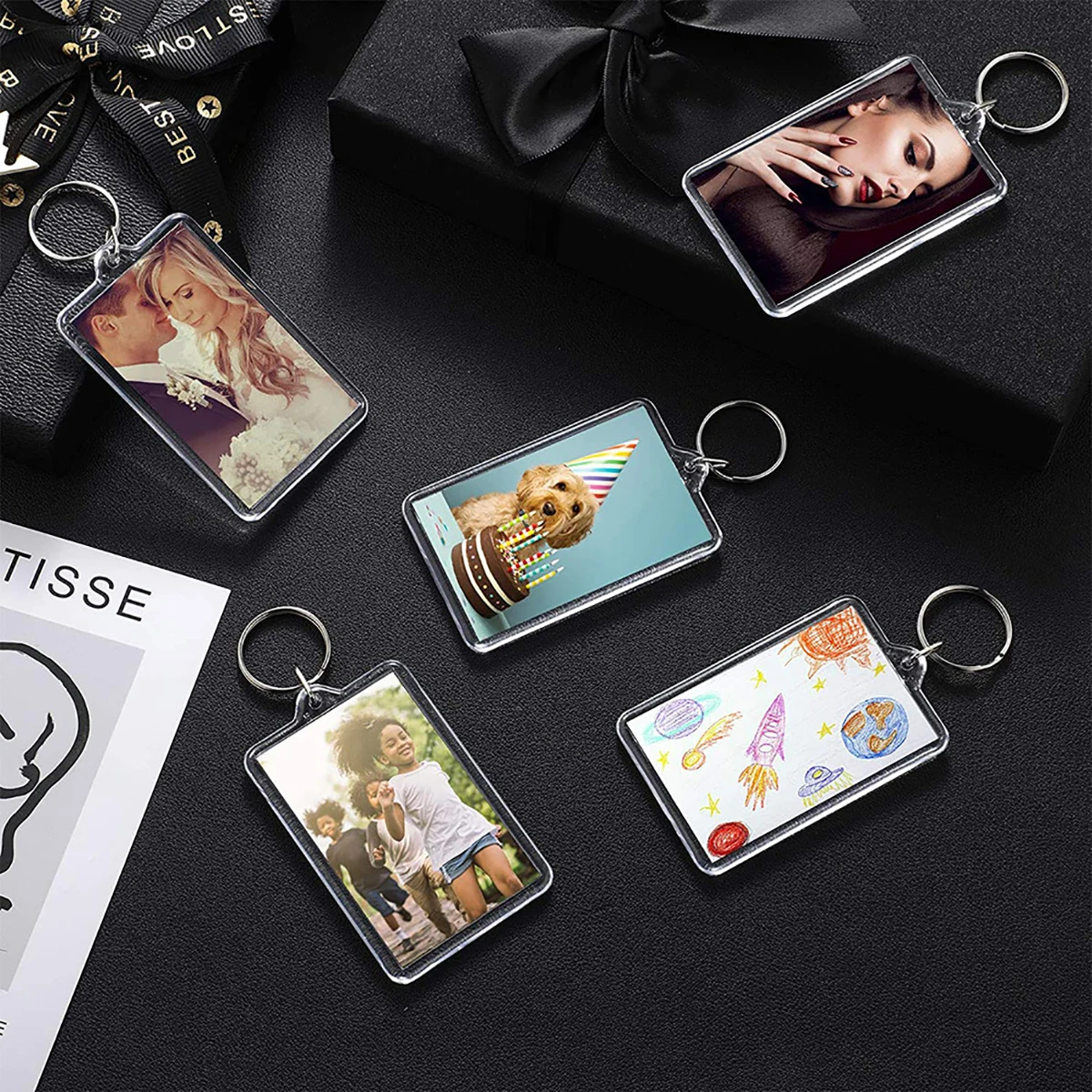 10pcs 투명 사진 프레임 키 체인 Tassels 스냅인 사용자 정의 삽입 사진 아크릴 빈 열쇠 고리 지우기 빈 그림 펜던트