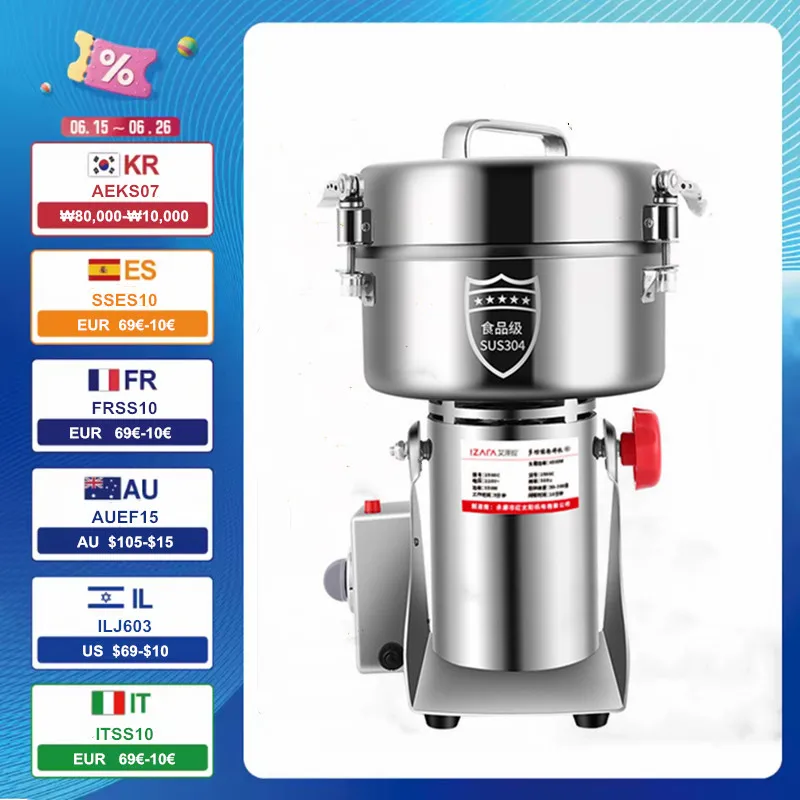 110V/220V 2500g 분말 기계 분쇄기 홈 상업용 약용 허브 곡물 향신료 기타 곡물 밀가루 분쇄기 4500W