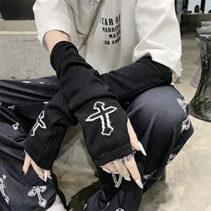 펑크 EMO 스타일 streetwear 여성 손목 팔 따뜻하게 니트 긴 핑거리스 장갑 블랙 딱지 할로윈 크로스 장갑