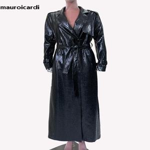 Mauroicardi 여성용 럭셔리 디자이너 의류, 엑스트라 롱 샤이니 반사 악어 프린트, PU 가죽 트렌치 코트, 용수철 가을
