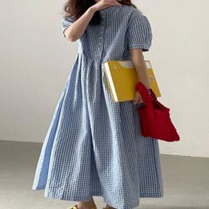 플러스 사이즈 셔츠 드레스 버튼 캐주얼 여성 체크 무늬 하이드 미트 루즈 롱 스커트 트렌디 여름 하이웨이스트 한국 스타일 출퇴근룩