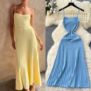 니트 Pleated 롱 드레스 높은 허리 미디 슬링 드레스 우아한 민소매 노란색 드레스 여성 streetwear 블랙 Bodycon 드레스