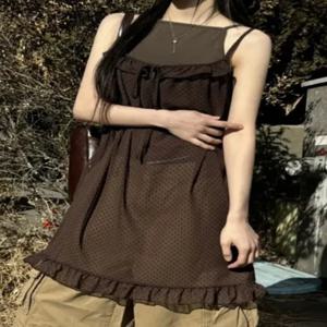 시크한 물방울 무늬 블라우스 스커트 드레스 봄 신상 레이어드 이브닝 네트 레이스 스플라이싱 스트랩리스 드레스 스윗 스타일 미디 기장