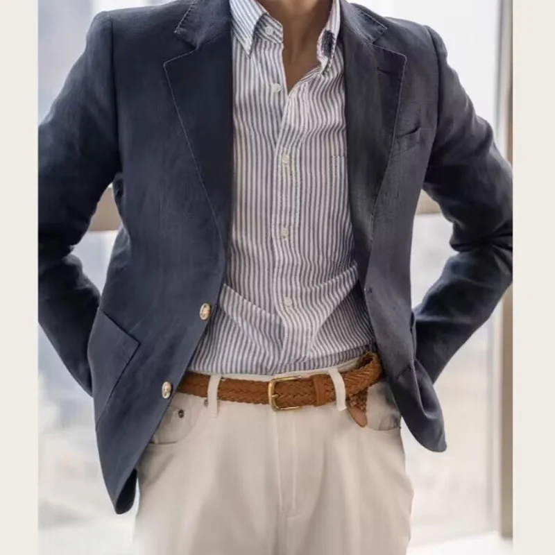 여름 리넨 캐주얼 통기성 작은 정장 남성 경량 통기성 하프 라이닝 슬림 정장 재킷 레트로 이탈리아 트렌드