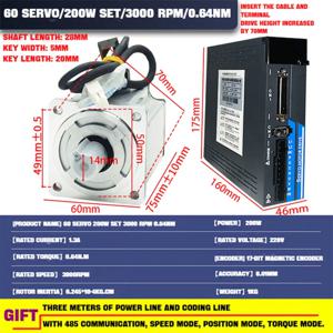 60번째 200W AC 서보 모터 3000RPM 0.64N & ps100 RS485 드라이버 키트 220V & 3미터 케이블 17비트 마그네틱 엔코더 (CNC 머신용)
