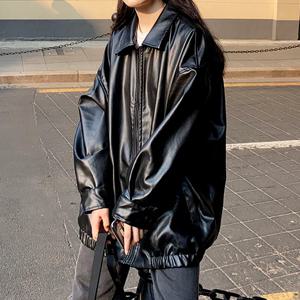 한국어 블랙 가죽 자켓 여성 겨울 긴 여성 모토 바이커 지퍼 자켓 streetwear 하라주쿠 y2k 루즈 여성 코트 2023