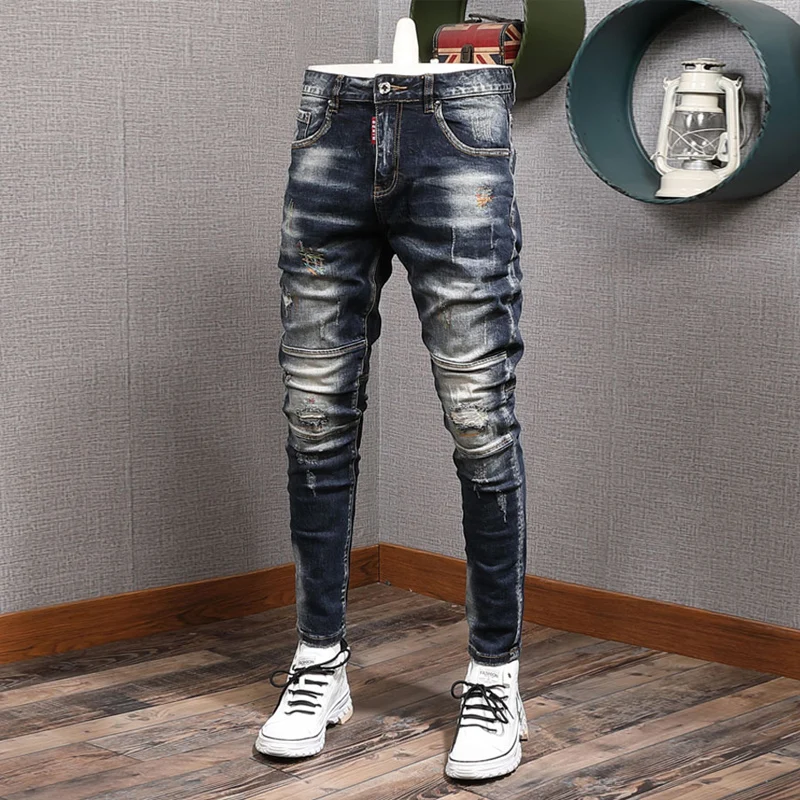 패션 streetwear 남자 청바지 레트로 블랙 블루 탄성 슬림 맞는 찢어진 청바지 남자 스플 라이스 디자이너 자수 힙합 데님 바지