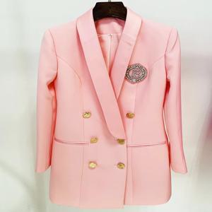 HIGH STREET 최신 2024 디자이너 블레이저 드레스 여성 슬림 피팅 더블 브레스트 배지 페르시 숄 칼라 롱 블레이저