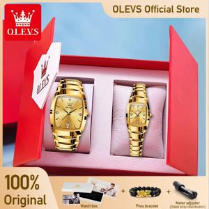 OLEVS 7006 커플 시계 고급 골드 오리지널 손목시계 방수 텅스텐 스틸 날짜 남녀 시계 세트 기념일 선물