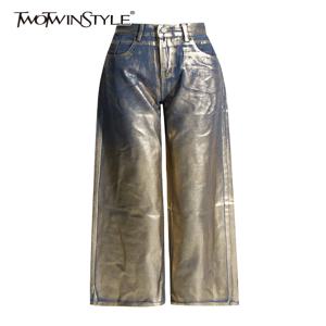 TWOTWINSTYLE 여성용 컬러 블록 캐주얼 루즈 팬츠, 하이 웨이스트 접합 단추 스트리트웨어, 스트레이트 레그 팬츠, 여성 패션, 신상