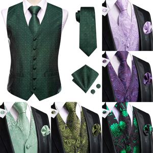 짙은 녹색 실크 남자 조끼 넥타이 우아한 솔리드 드레스 민소매 자켓 4PC Hanky ​​Cufflink 페이즐리 정장 양복 조끼 결혼 선물 하이 타이