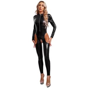 Womens Cutout 오픈 가랑이 특허 가죽 점프 슈트 지퍼 스탠드 칼라 Crotchless Catsuit 긴 소매 젖은 모양의 바디 슈트 란제리