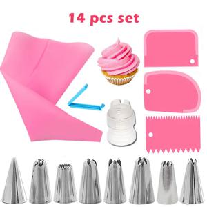 14pcs 케이크 장식 키트 파이프 팁 실리콘 과자 아이싱 가방 노즐 크림 스크레이퍼 커플러 세트 DIY 케이크 장식 도구