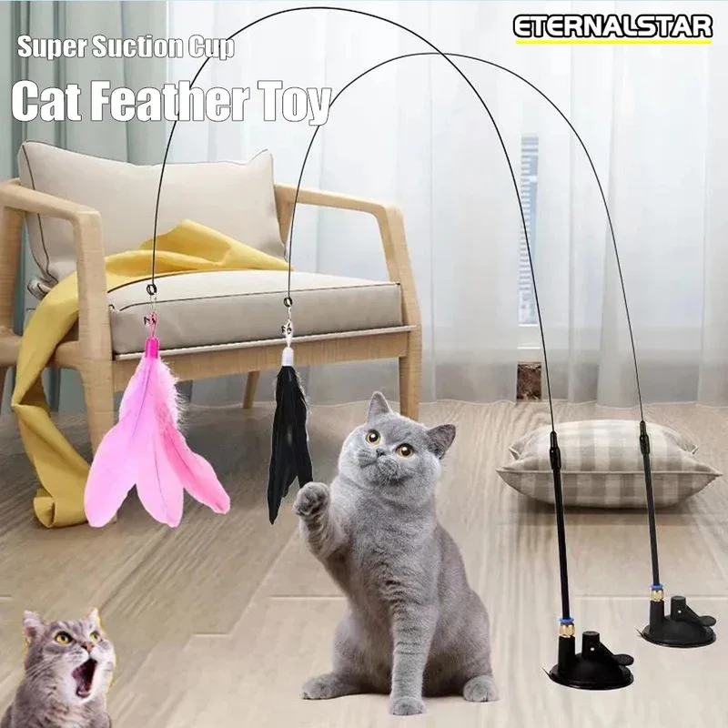 고양이 깃털 장난감 티저 깃털 지팡이 대화 형 장난감 슈퍼 흡입 컵이있는 고양이 장난감 이동식 3PCS 깃털 교체 장난감