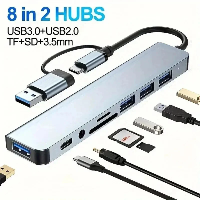 USB C 허브 USB 분배기 8 in 2 USB 확장기(4개의 USB 포트 포함) 1개의 USBC 포트 TF/SD 카드 리더기 MacBook와 호환되는 오디오 출력