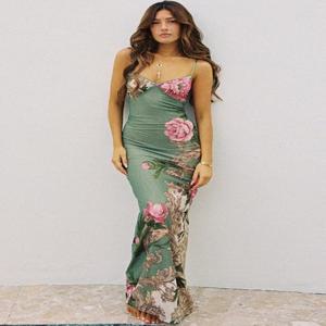 꽃 프린트 여름 녹색 드레스 여성 패션 캐주얼 민소매 v 넥 백리스 튜닉 Bodycon 홀리데이 비치 드레스 streetwear