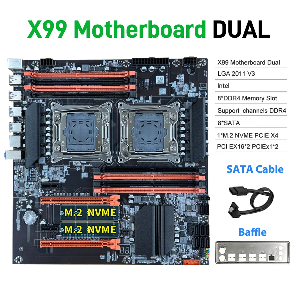 X99 마더보드 듀얼 CPU LGA 2011-3 듀얼 소켓 데스크탑 메인보드 USB3.0 SATA3 8 DIMM DDR4 M.2 NVME 인텔 제온 E 시리즈 지원