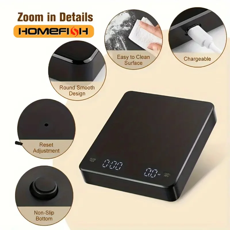 타이머 LED 스크린 에스프레소 0.1g ~ 3kg 고정밀 측정 주방 저울이있는 KC2 USB 디지털 충전식 커피 스케일