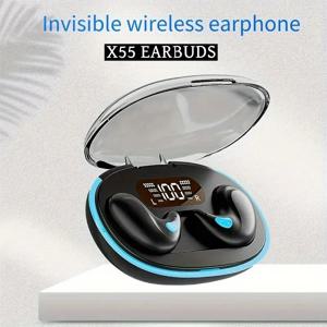 X55 슬리핑 이어 버드 작업용 무선 미니 헤드폰 TWS Bluetooth 이어폰 스테레오 숨겨진 헤드셋 (마이크 HD 통화 방수 포함)