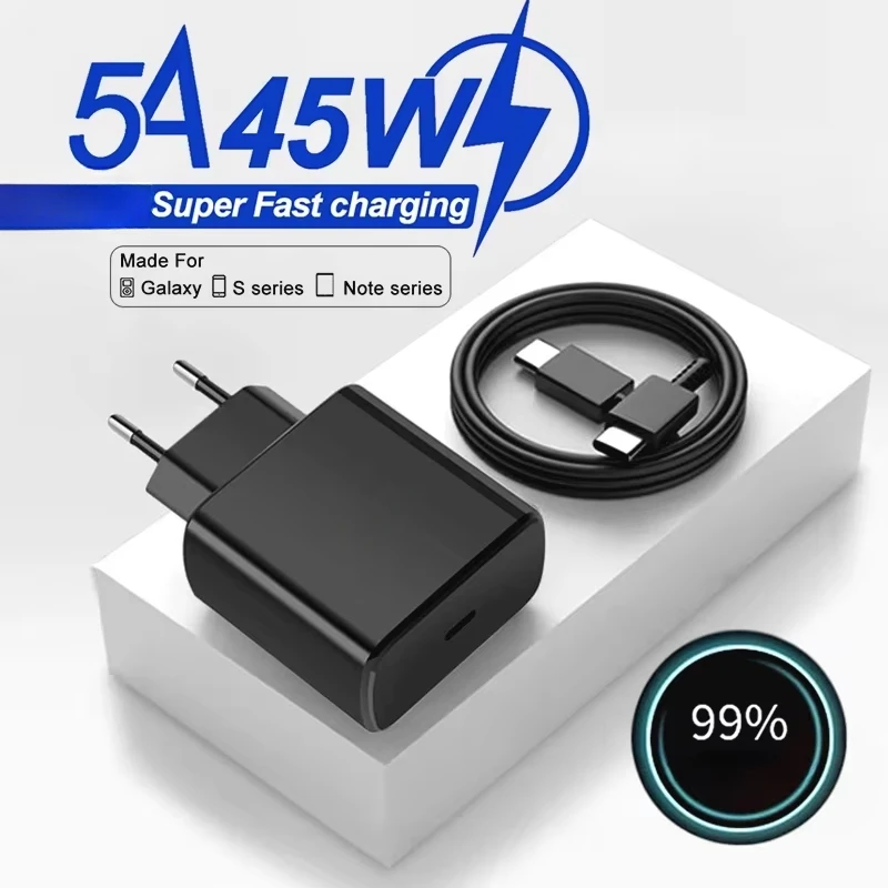 삼성 Galaxy S23 S24 Note 20 A52 A53 A54 벽면 어댑터 용 5A 유형 C 초고속 충전 케이블이 포함 된 45W PD USB-C 고속 충전기