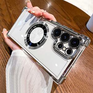삼성 갤럭시 S24 울트라 S23 FE S22 플러스 S21 용 럭셔리 맥세이프 전기도금 케이스, 충격 방지 투명 범퍼 하드 백 커버