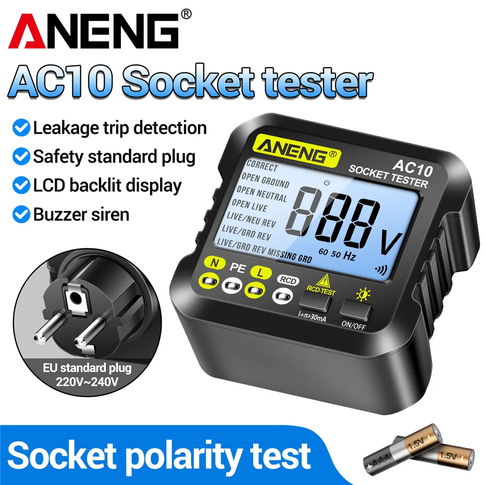 ANENG AC10 소켓 테스터 플러그 감지기 제로 라인 플러그 극성 위상 검사 위상 감지기 US/EU 플러그 멀티 미터 디지털 테스터