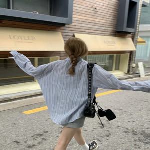 블루 세로 줄무늬 캐주얼 셔츠 여성 여름 얇은 느슨한 태양 보호 셔츠 겉옷 PPHOME Spring Day Minor Tone