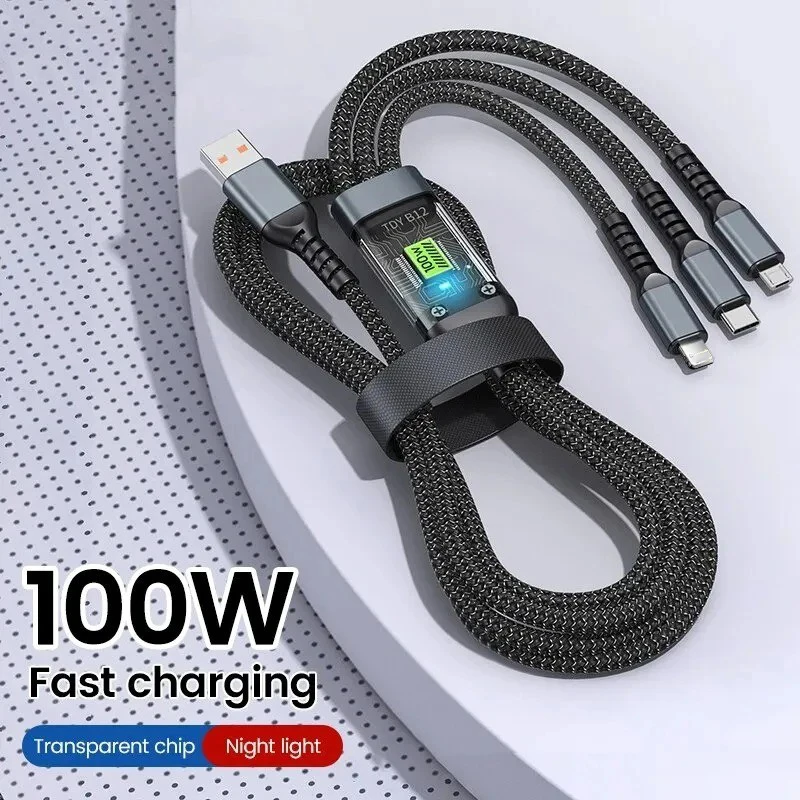 100W USB 케이블 3 in 1 고속 충전 충전기 케이블 액세서리 iPhone Xiaomi Huawei Type C 충전기 케이블 멀티 포트 와이어 라인