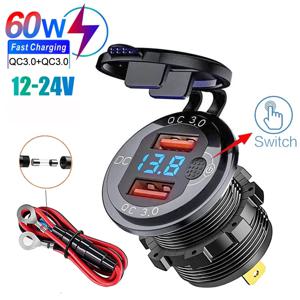 듀얼 Qc3.0 차량용 충전기 담배 라이터 소켓 전압계 스위치가있는 방수 Usb 고속 충전 12/24V 빠른 충전 어댑터