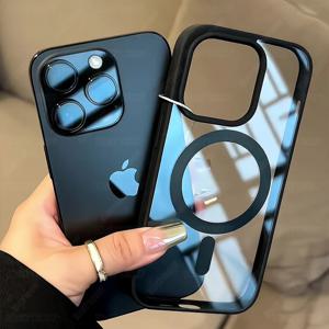 iPhone 16 14 15 Pro Max 투명 무선 충전 케이스 충격 방지 PC 커버 액세서리 용 Magsafe 케이스 용 기존 자기