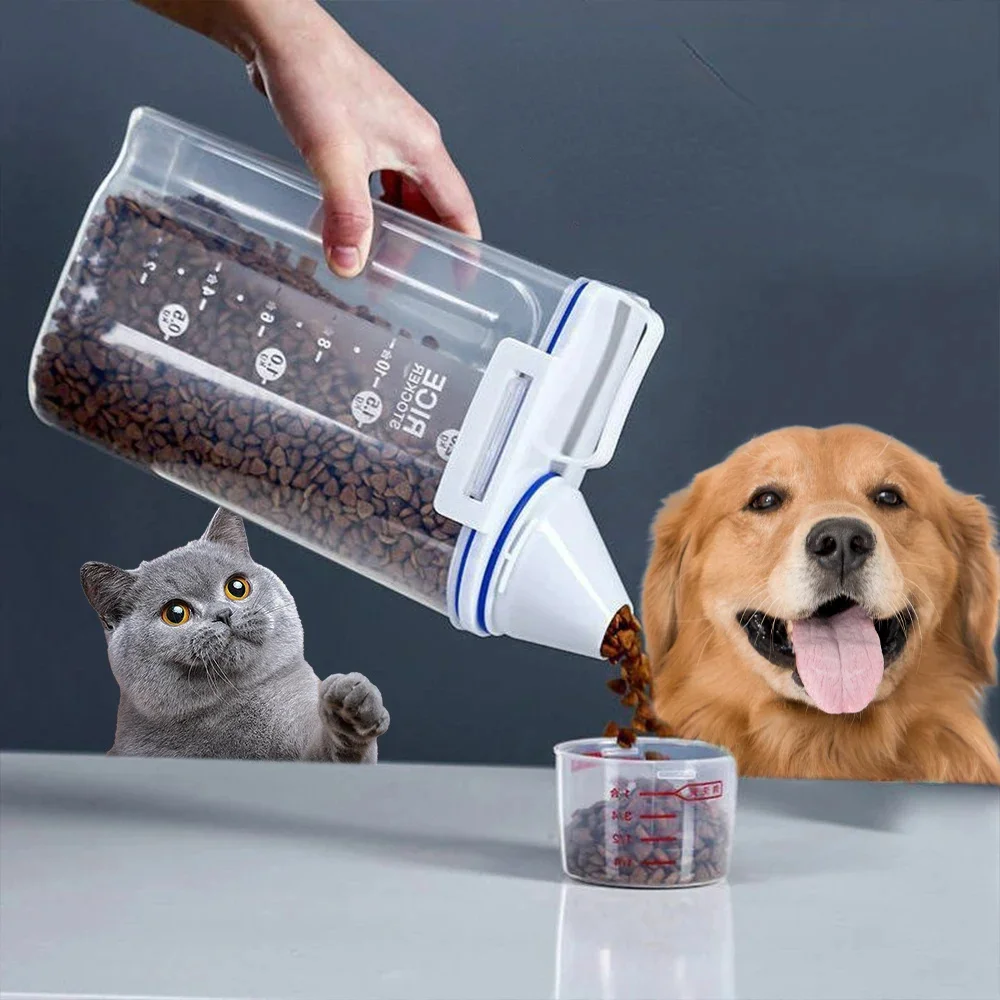 2kg 개 고양이 음식 양동이 플라스틱 저장 탱크 측정 컵 컨테이너 방습 봉인 된 항아리 애완 동물 용품 액세서리