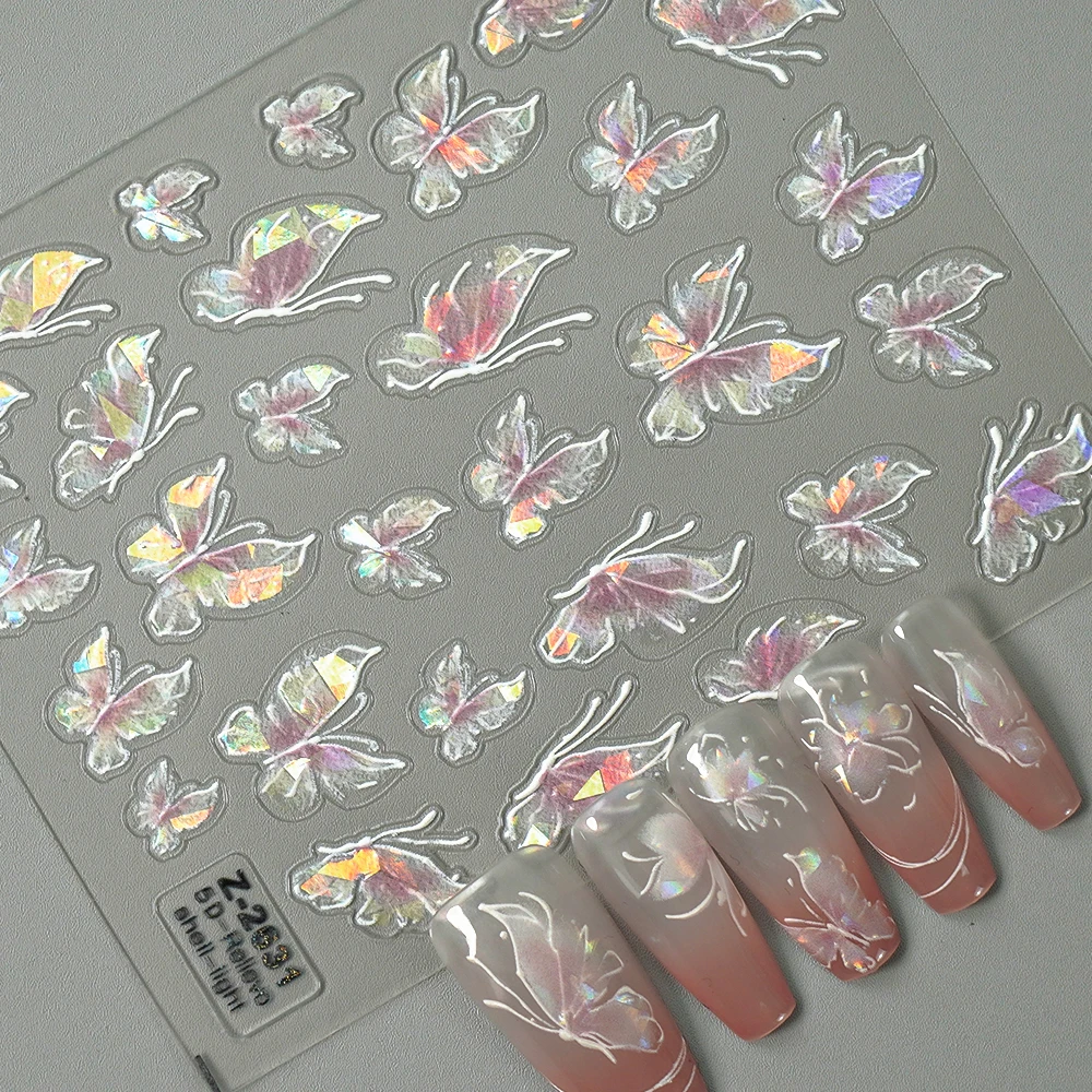 1Pcs 나비 네일 아트 스티커 데칼 5D 양각 네일 데칼 쉘 라이트 나비 네일 디자인 스티커 매니큐어 액세서리