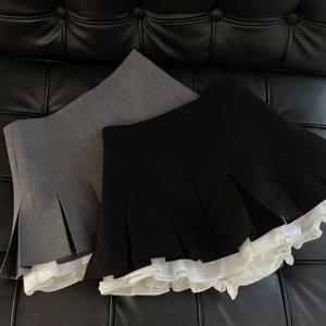 프릴 블랙 미니 스커트 여성 한국어 패치 워크 플리츠 스커트 일본 카와이 하이 웨이스트 올 매치 라인 스커트 New