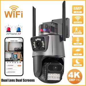 8MP WiFi 카메라 야외 8X 줌 보안 카메라 4K 비디오 감시 3 렌즈 듀얼 스크린 PTZ ICsee Alexa NVR 보안 CCTV