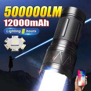 50000LM 매우 밝은 LED 손전등, 12000mAh 충전식 줌이 가능한 전술 토치, 캠핑 하이킹 비상용 조정 가능한 초점