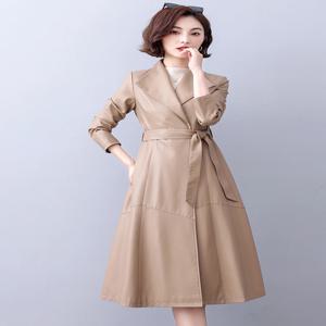 2025 가을 겨울 신상 여성 롱 양가죽 가죽 자켓 중간 길이 코트 슬림핏 무릎 길이 벨트 아우터